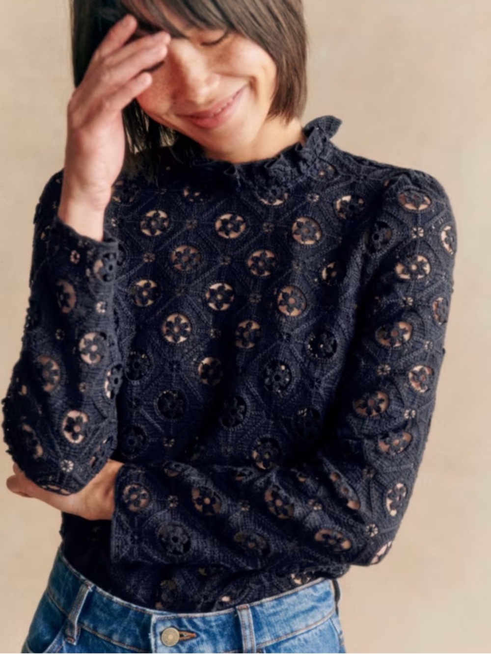 Sezane Navy Crochet Lace Ruffled-Neck Blouse